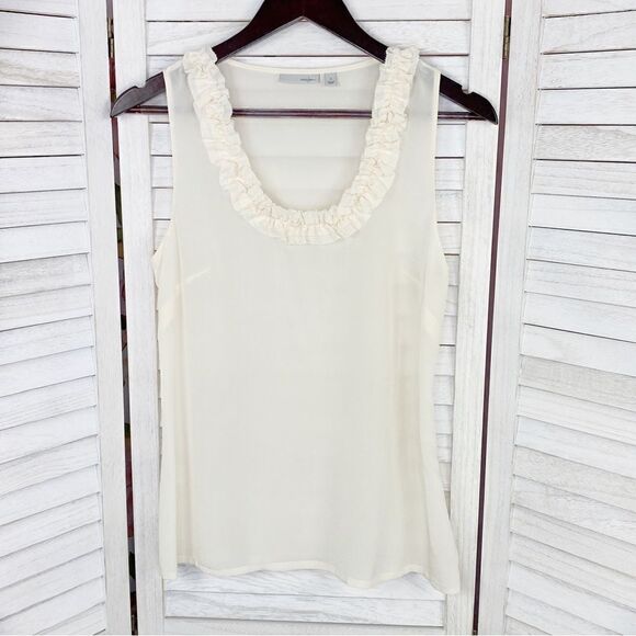 Halogen Ruffle Trim Neck Sheer Silk Sleeveless Top Cream Small - Picture 7 of 12